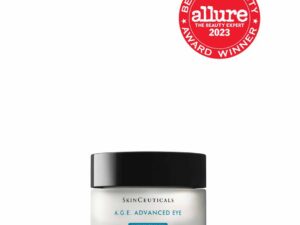 Glass jar of SkinCeuticals A.G.E. Advanced Eye, an eye cream for dark circles and wrinkles.
