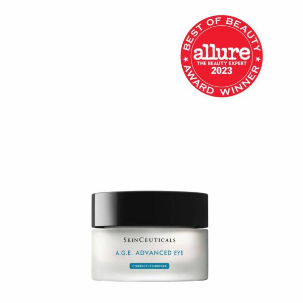 Glass jar of SkinCeuticals A.G.E. Advanced Eye, an eye cream for dark circles and wrinkles.