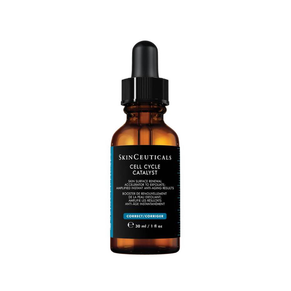 Dark brown glass bottle of SkinCeuticals Cell Cycle Catalyst, an exfoliating anti-aging serum.