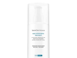 SkinCeuticals Body Retexturing Treatment gel in a white bottle treatment for the body that exfoliates and hydrates, resurfacing dull, rough skin for a smoother appearance.
