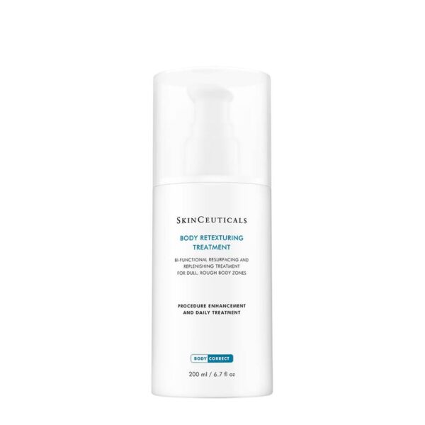 SkinCeuticals Body Retexturing Treatment gel in a white bottle treatment for the body that exfoliates and hydrates, resurfacing dull, rough skin for a smoother appearance.