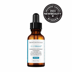 Dark brown glass bottle of SkinCeuticals C E Ferulic, a vitamin C serum for fine lines and wrinkles.