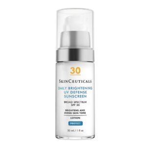 SkinCeuticals glass bottle of Daily Brightening UV Defense Sunscreen SPF 30, hydrating and brightening sunscreen that evens skin tone and protects against UV-induced pigmentation.