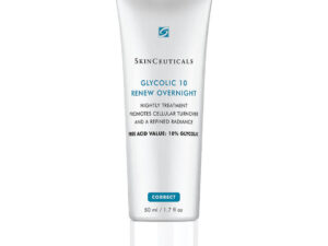 Silver tube of SkinCeuticals Glycolic 10 Revew Overnight, a nighttime cream with 10% glycolic acid for glowing, healthy-looking skin.
