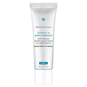 Silver tube of SkinCeuticals Glycolic 10 Revew Overnight, a nighttime cream with 10% glycolic acid for glowing, healthy-looking skin.