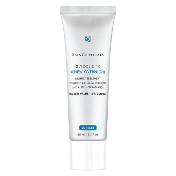 Silver tube of SkinCeuticals Glycolic 10 Revew Overnight, a nighttime cream with 10% glycolic acid for glowing, healthy-looking skin.