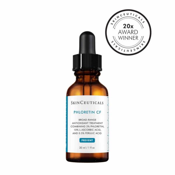 Dark brown glass bottle of SkinCeuticals Phloretin CF, a vitamin C serum for discoloration.