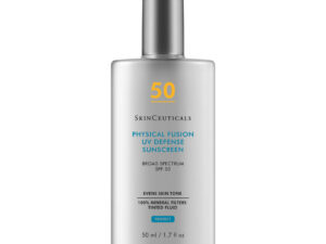 SkinCeuticals silver bottle of Physical Fusion UV Defense SPF 50, a tinted sunscreen with mineral filters for UVA/UVB protection and natural radiance.