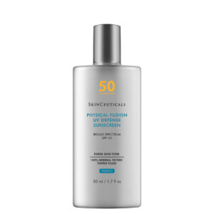 SkinCeuticals silver bottle of Physical Fusion UV Defense SPF 50, a tinted sunscreen with mineral filters for UVA/UVB protection and natural radiance.