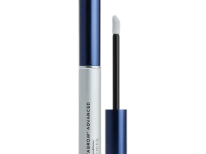 SkinCeuticals silver tube with blue top and applicator of RevitaBrow Advanced serum to protect and enhance eyebrow flexibility and shine.