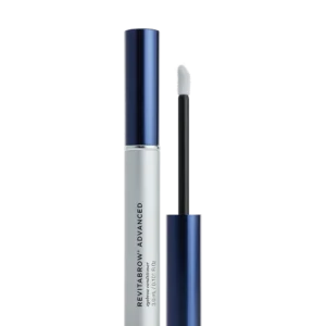 SkinCeuticals silver tube with blue top and applicator of RevitaBrow Advanced serum to protect and enhance eyebrow flexibility and shine.