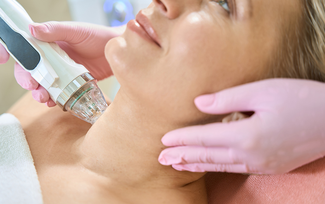 Woman receiving radiofrequency microneedling on her neck. The treatment combines microneedling with RF energy for skin rejuvenation.